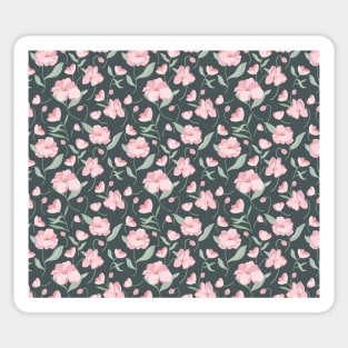 Pink flowers on dark green seamless pattern Sticker